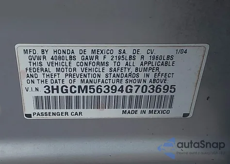2004 Honda Accord 2.4 Lx z USA, uszkodzony, nr VIN 3HGCM56394G703695